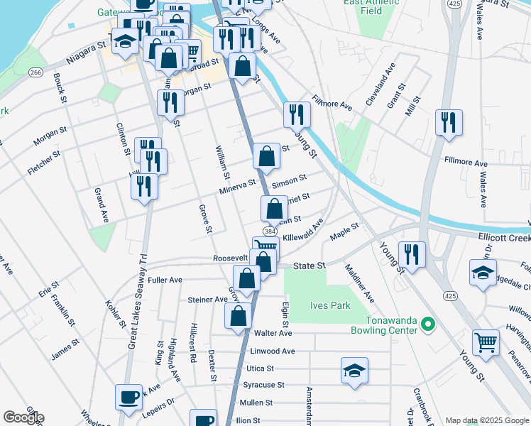 map of restaurants, bars, coffee shops, grocery stores, and more near 18 Broughton Court in Tonawanda