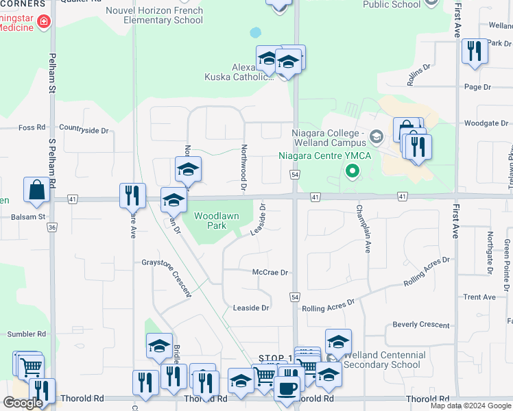 map of restaurants, bars, coffee shops, grocery stores, and more near 2 Meadowvale Place in Welland