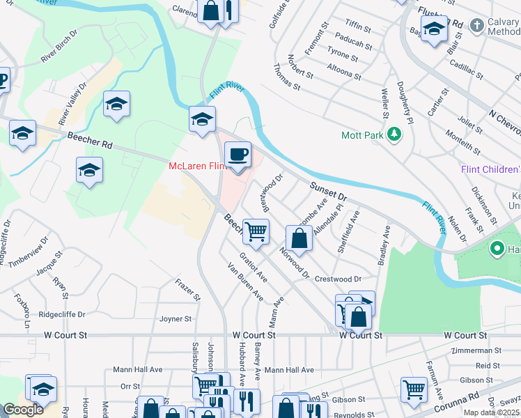 map of restaurants, bars, coffee shops, grocery stores, and more near 3734 Norwood Drive in Flint