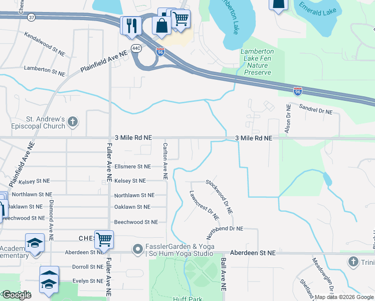 map of restaurants, bars, coffee shops, grocery stores, and more near 2734 Durham Avenue Northeast in Grand Rapids