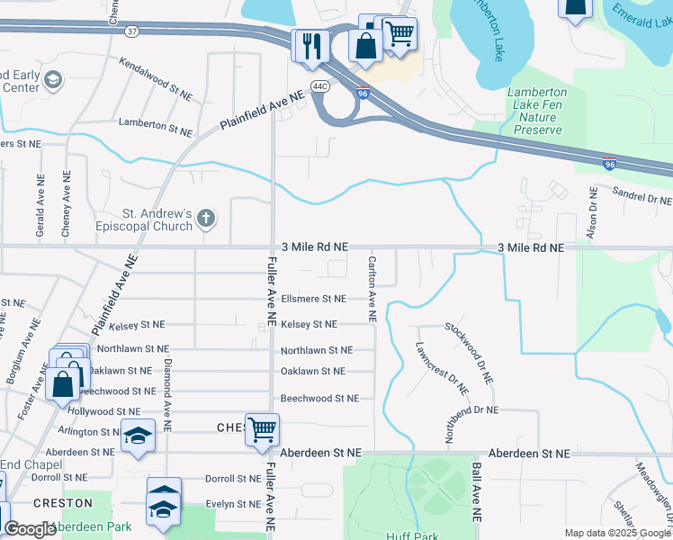 map of restaurants, bars, coffee shops, grocery stores, and more near 1300 3 Mile Road Northeast in Grand Rapids