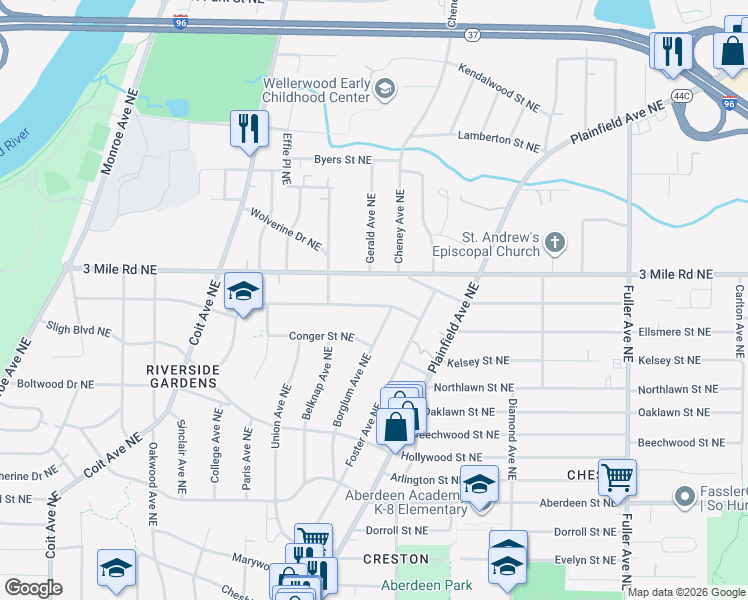 map of restaurants, bars, coffee shops, grocery stores, and more near 755 Russwood Street Northeast in Grand Rapids