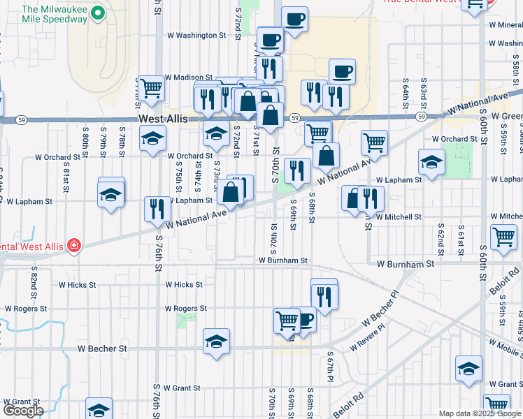 map of restaurants, bars, coffee shops, grocery stores, and more near 7001 West National Avenue in West Allis