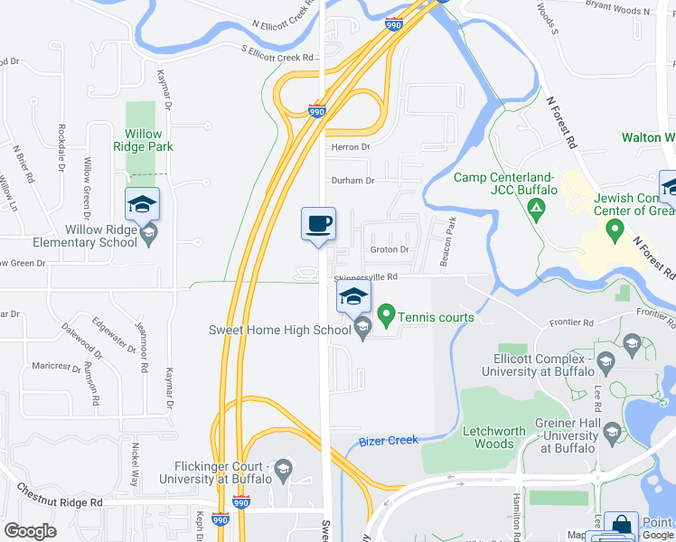 map of restaurants, bars, coffee shops, grocery stores, and more near 671 Skinnersville Road in Buffalo