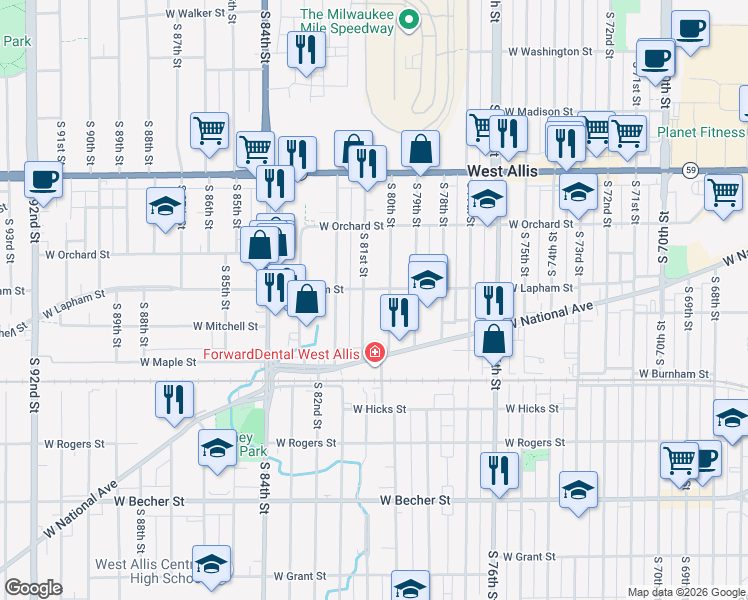 map of restaurants, bars, coffee shops, grocery stores, and more near 1612 South 81st Street in West Allis