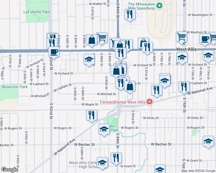 map of restaurants, bars, coffee shops, grocery stores, and more near 1612 South 85th Street in West Allis