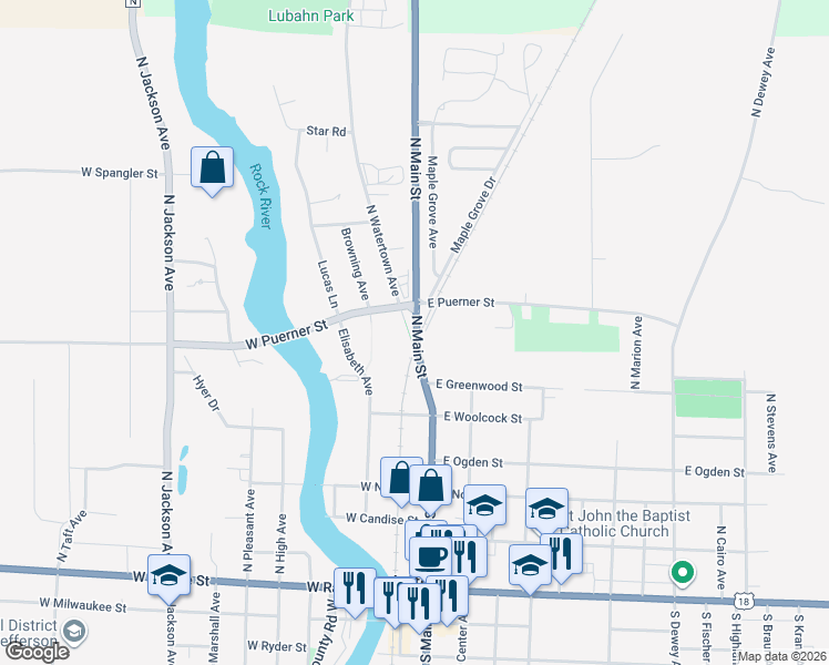 map of restaurants, bars, coffee shops, grocery stores, and more near 646 North Rail Avenue in Jefferson