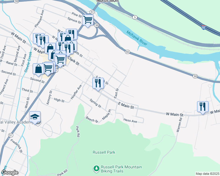 map of restaurants, bars, coffee shops, grocery stores, and more near 181 East State Street in Ilion