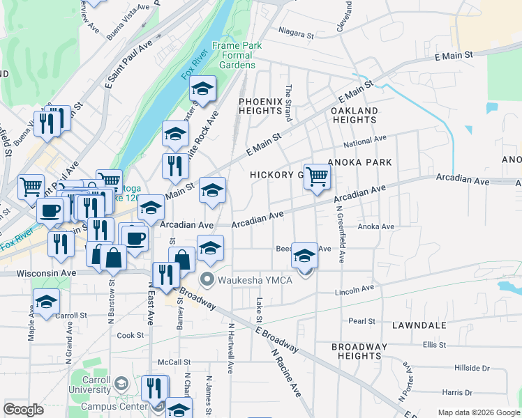 map of restaurants, bars, coffee shops, grocery stores, and more near 606 Arcadian Avenue in Waukesha