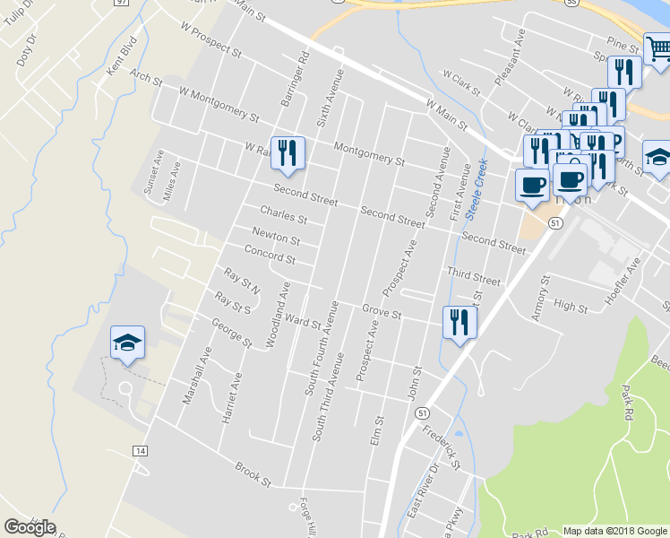 map of restaurants, bars, coffee shops, grocery stores, and more near 66 South 4th Avenue in Ilion