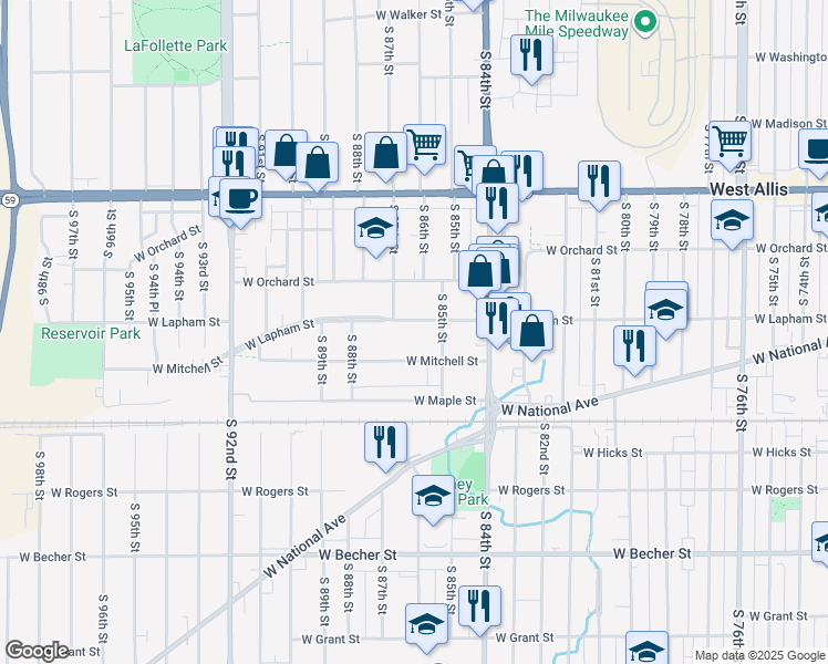 map of restaurants, bars, coffee shops, grocery stores, and more near 8609 West Lapham Street in West Allis