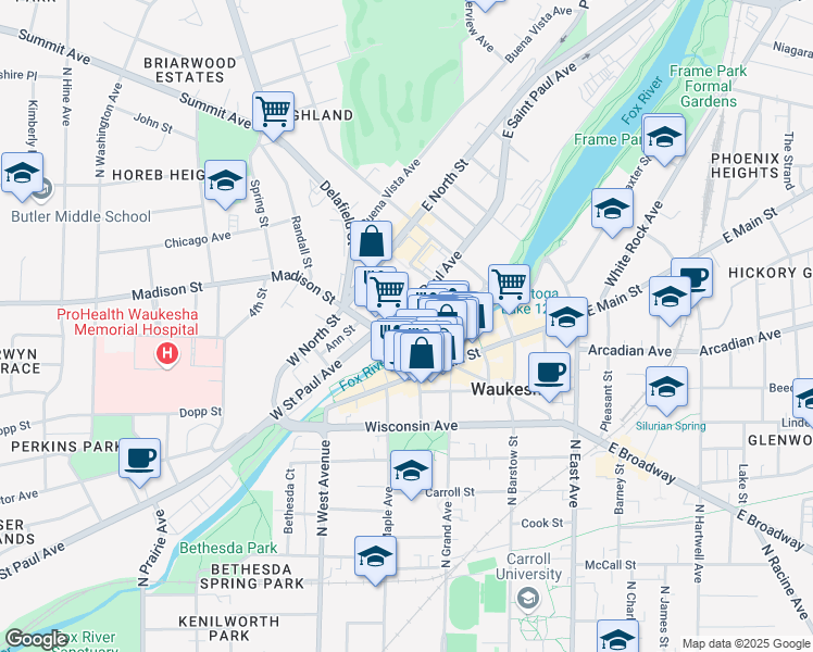 map of restaurants, bars, coffee shops, grocery stores, and more near 151 U.S. 18 in Waukesha