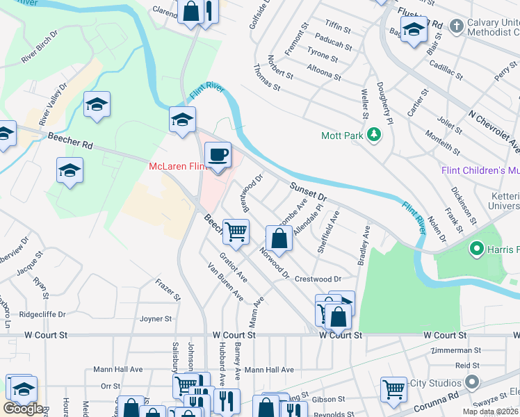 map of restaurants, bars, coffee shops, grocery stores, and more near 3637 Sherwood Drive in Flint