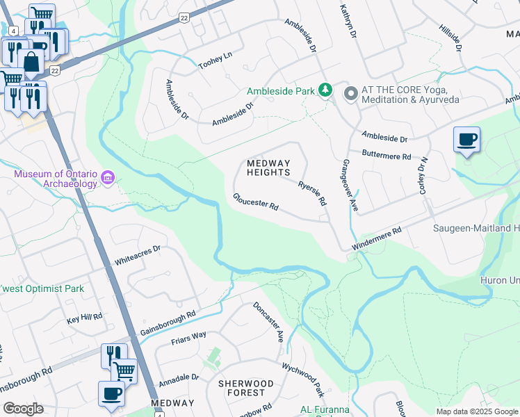 map of restaurants, bars, coffee shops, grocery stores, and more near 1587 Gloucester Road in London