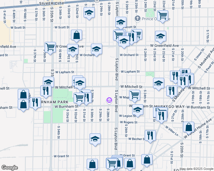 map of restaurants, bars, coffee shops, grocery stores, and more near 1669 South 28th Street in Milwaukee