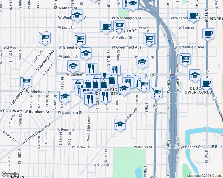 map of restaurants, bars, coffee shops, grocery stores, and more near in Milwaukee