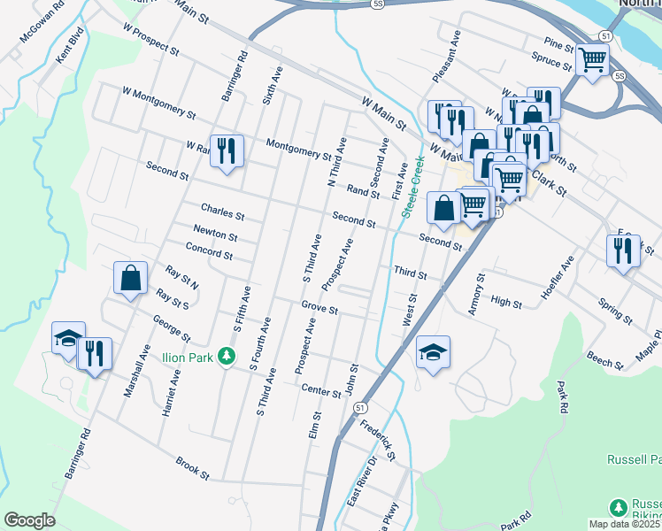 map of restaurants, bars, coffee shops, grocery stores, and more near 50-50 Prospect Avenue in Ilion