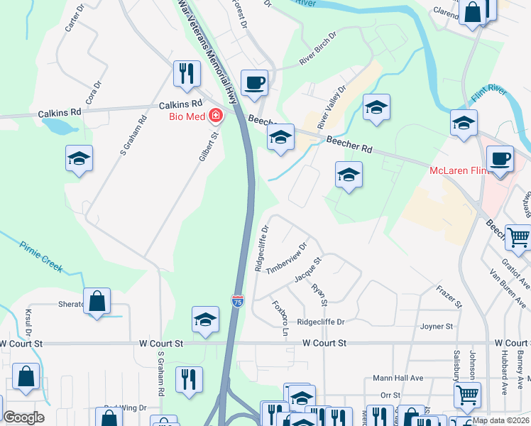 map of restaurants, bars, coffee shops, grocery stores, and more near 3541 Ridgecliffe Drive in Flint