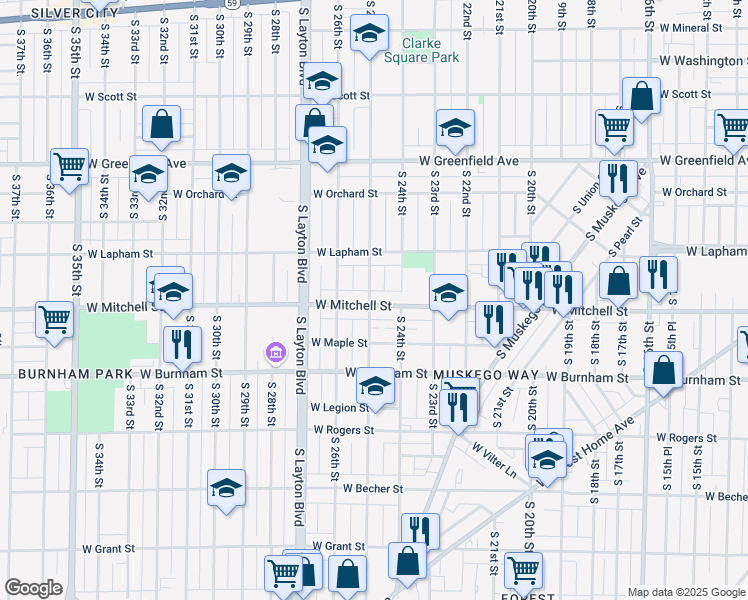 map of restaurants, bars, coffee shops, grocery stores, and more near 2436 West Mitchell Street in Milwaukee