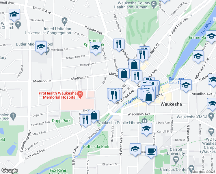map of restaurants, bars, coffee shops, grocery stores, and more near 157 3rd Street in Waukesha