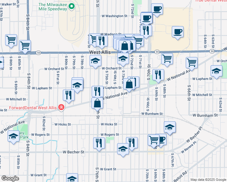 map of restaurants, bars, coffee shops, grocery stores, and more near 1615 South 74th Street in West Allis