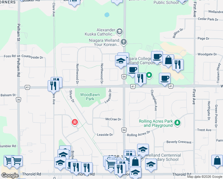map of restaurants, bars, coffee shops, grocery stores, and more near 2 Meadowvale Place in Welland