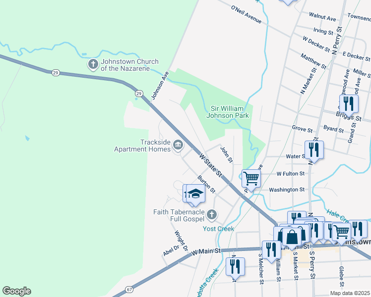 map of restaurants, bars, coffee shops, grocery stores, and more near 4 Robin Circle in Johnstown