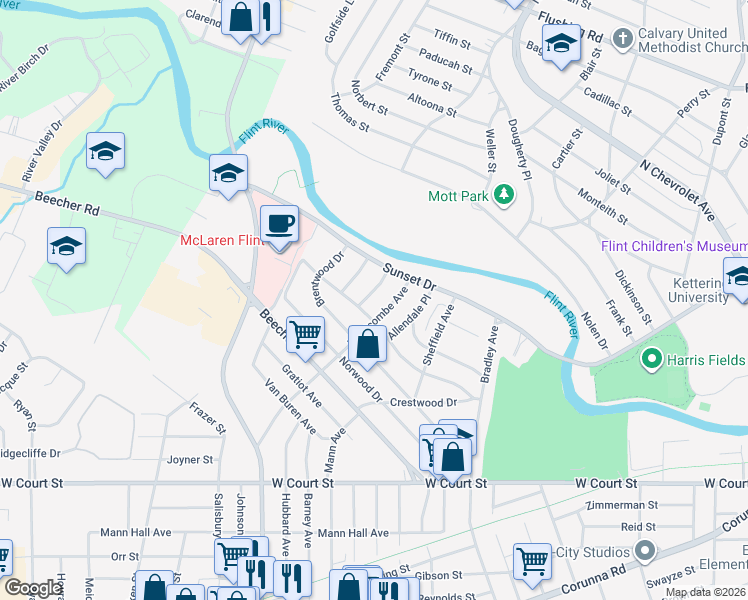 map of restaurants, bars, coffee shops, grocery stores, and more near 333 Ferndale Place in Flint