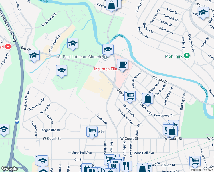 map of restaurants, bars, coffee shops, grocery stores, and more near 502 South Ballenger Highway in Flint