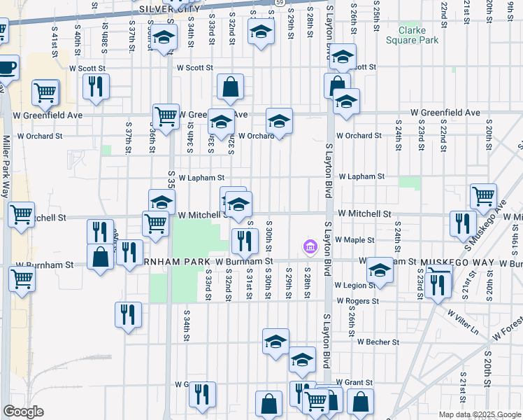 map of restaurants, bars, coffee shops, grocery stores, and more near 3014 West Mitchell Street in Milwaukee