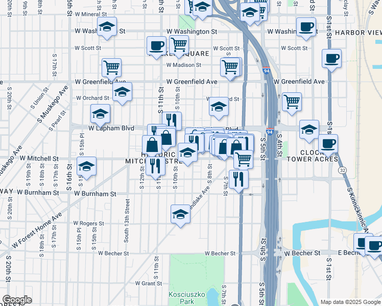 map of restaurants, bars, coffee shops, grocery stores, and more near 1666 South 9th Street in Milwaukee