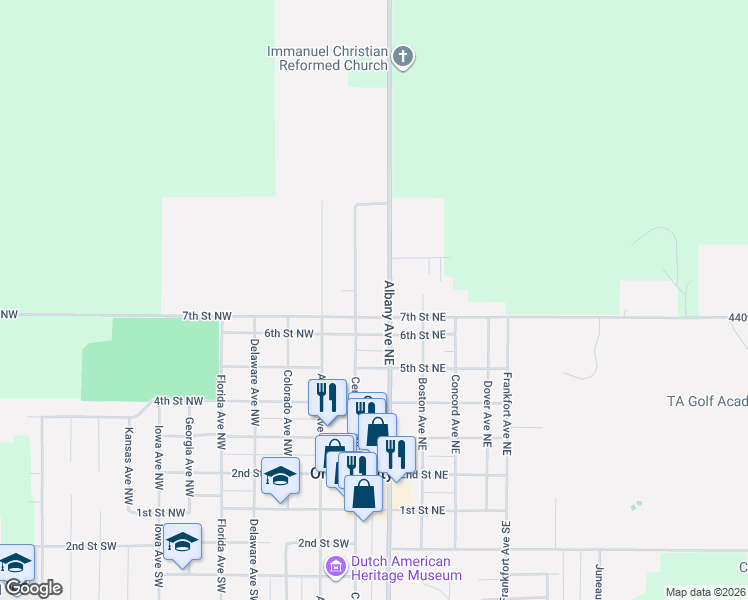 map of restaurants, bars, coffee shops, grocery stores, and more near 700-798 Albany Avenue Northeast in Orange City