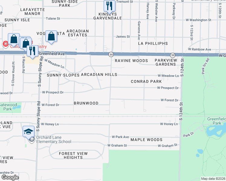 map of restaurants, bars, coffee shops, grocery stores, and more near 13123 West Prospect Drive in New Berlin