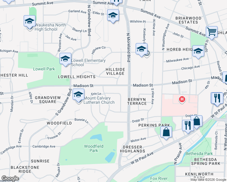 map of restaurants, bars, coffee shops, grocery stores, and more near 1508 Erin Ln in Waukesha
