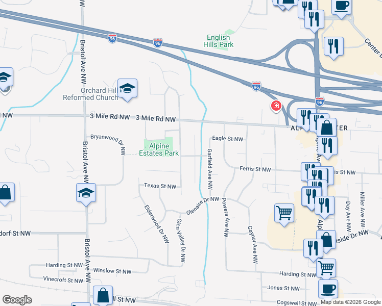 map of restaurants, bars, coffee shops, grocery stores, and more near 2659 Emerson Avenue Northwest in Grand Rapids
