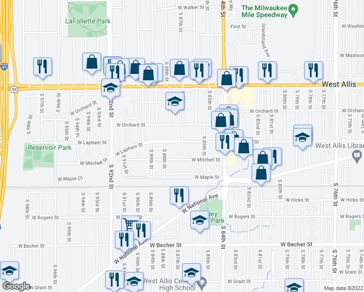 map of restaurants, bars, coffee shops, grocery stores, and more near 8641 West Lapham Street in Milwaukee