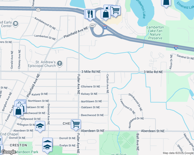 map of restaurants, bars, coffee shops, grocery stores, and more near 1300 3 Mile Road Northeast in Grand Rapids