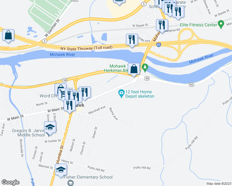 map of restaurants, bars, coffee shops, grocery stores, and more near 72 East Main Street in Mohawk