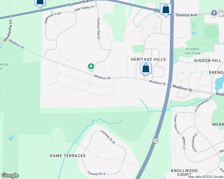 map of restaurants, bars, coffee shops, grocery stores, and more near 3505 Olde Howell Road in Waukesha