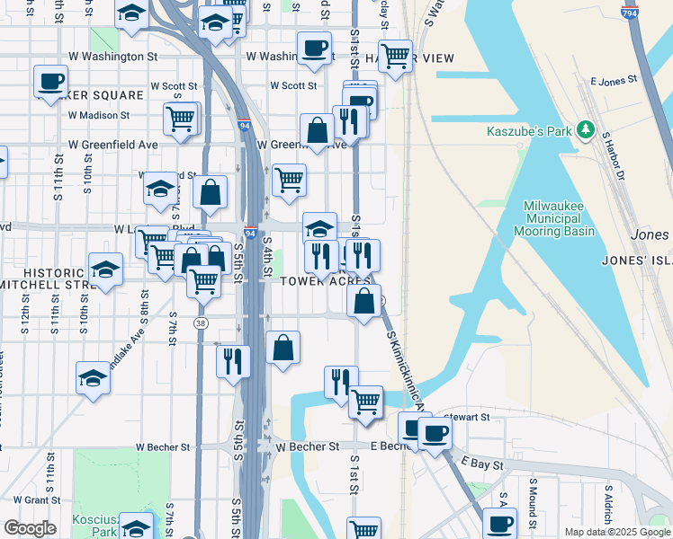 map of restaurants, bars, coffee shops, grocery stores, and more near 140 West Mitchell Street in Milwaukee