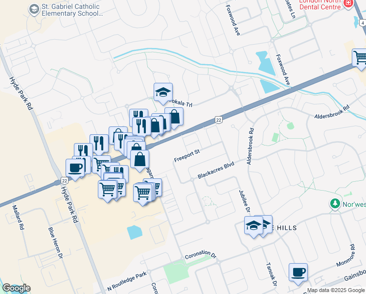 map of restaurants, bars, coffee shops, grocery stores, and more near 705 Freeport Street in London