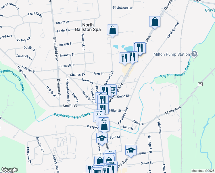 map of restaurants, bars, coffee shops, grocery stores, and more near 10 Rowland Street in Ballston Spa