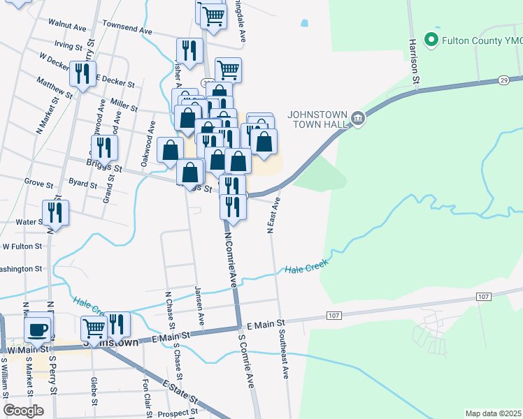 map of restaurants, bars, coffee shops, grocery stores, and more near 180 Briggs Street Extension in Johnstown
