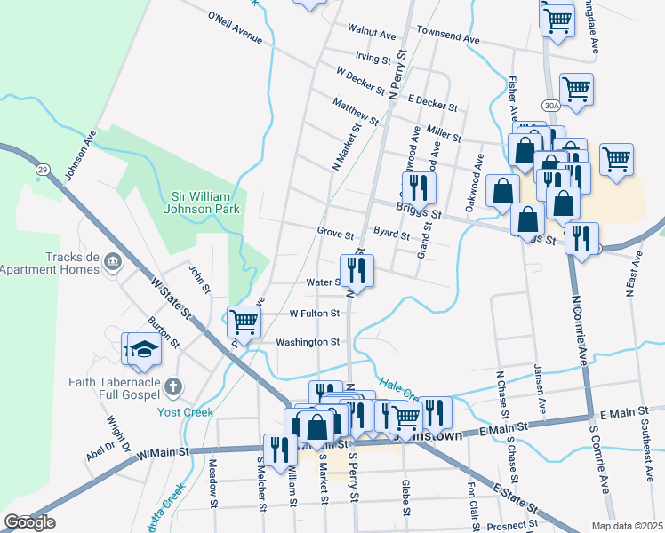 map of restaurants, bars, coffee shops, grocery stores, and more near 215 1/2 North Perry Street in Johnstown