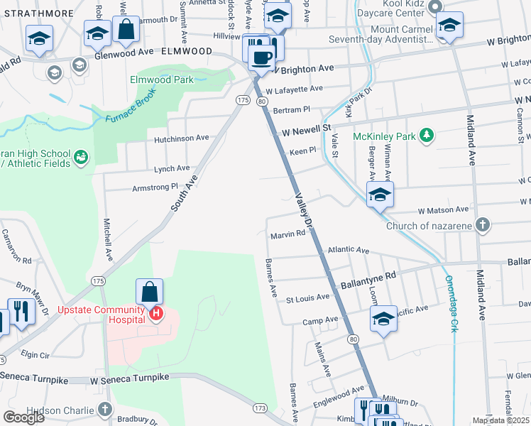 map of restaurants, bars, coffee shops, grocery stores, and more near 106 Barnes Avenue in Syracuse