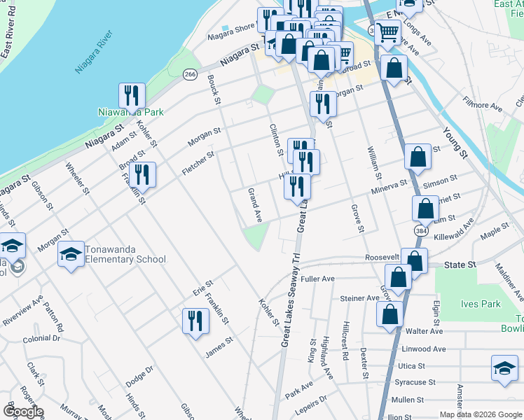 map of restaurants, bars, coffee shops, grocery stores, and more near 11 Grand Avenue in Tonawanda