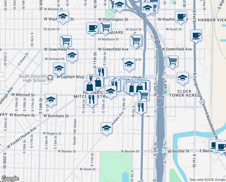 map of restaurants, bars, coffee shops, grocery stores, and more near 1666 South 9th Street in Milwaukee