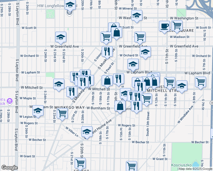 map of restaurants, bars, coffee shops, grocery stores, and more near 1706 West Mitchell Street in Milwaukee