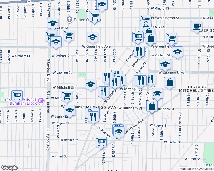 map of restaurants, bars, coffee shops, grocery stores, and more near 2020 West Mitchell Street in Milwaukee