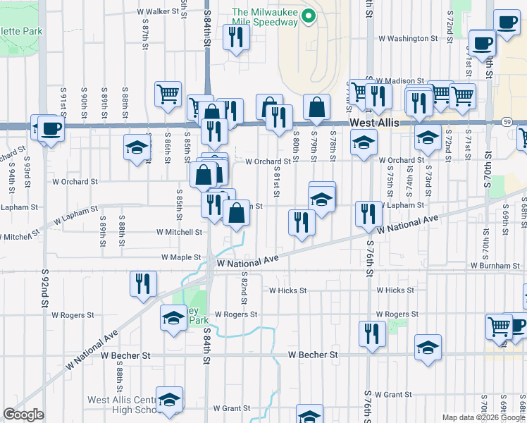 map of restaurants, bars, coffee shops, grocery stores, and more near 1614 South 82nd Street in West Allis